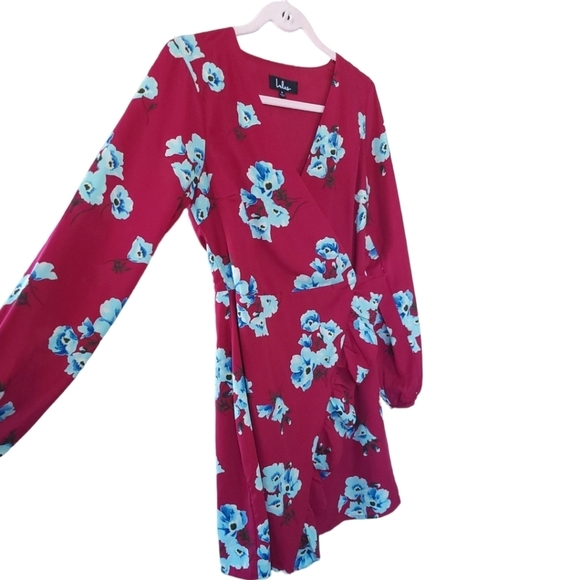 LULU'S Fascinating Fun Burgundy Floral Print Long Sleeve Wrap Dress Sz S - Picture 7 of 10